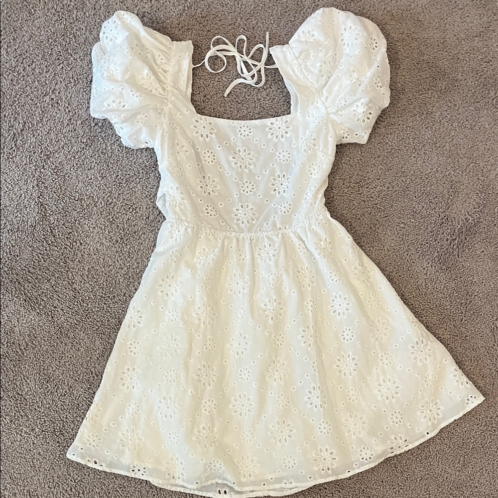 SHEIN White Eyelet Puff-Sleeve Tie-Back Mini Dress